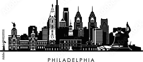 Silhouette depicts the Philadelphia skyline vector on Transparent Background.