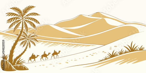 a desert scene with a palm tree and camels Vector