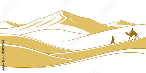 a camel and a person walking across a desert Vector