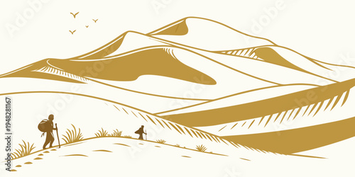 a brown illustration of two people hiking on a snowy mountain range Vector