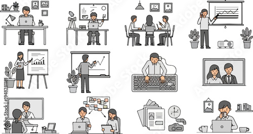 Diverse office scenes, including meetings, presentations, and individual work (1)