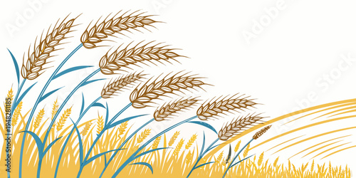 a bunch of wheat with blue stems and yellow and brown grains Vector
