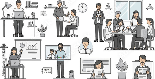 Diverse office scenes people working, collaborating, and presenting ideas