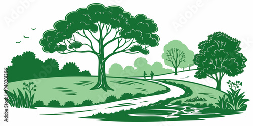 a green landscape with trees and a winding path Vector