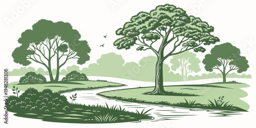 a serene landscape with trees and a winding stream Vector