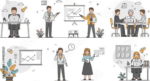 Diverse individuals engaged in various business and office activities