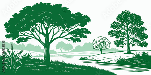a green silhouette of trees and a stream in a natural landscape Vector