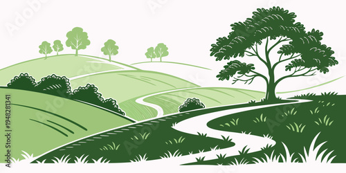 a green landscape with a winding road and a tree Vector