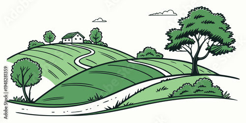 a green hillside with a winding path and trees Vector