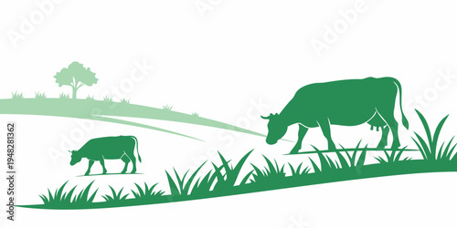 a cow and calf grazing in a field Vector