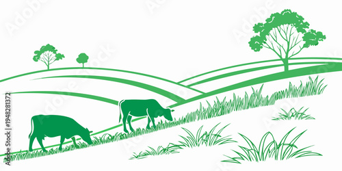 cows grazing on a green hillside with trees Vector