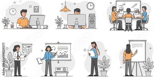 Diverse business professionals engaged in various office tasks and meetings (2)