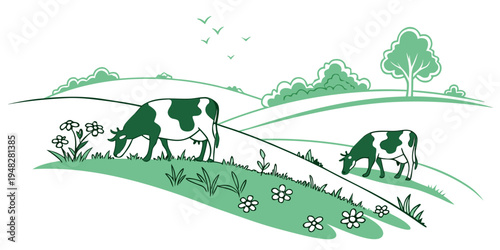 cows grazing on a green hill Vector
