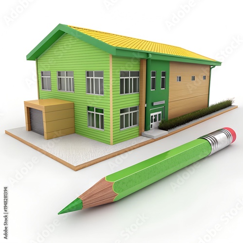 Modern Green House Concept with Pencil Architecture Design 3D Illustration.