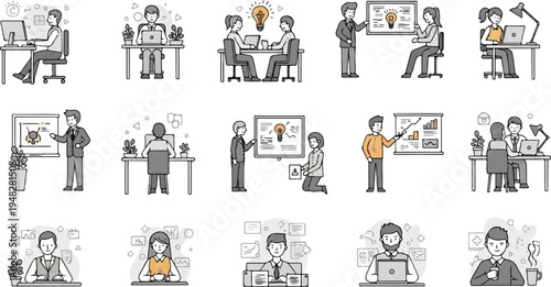 Diverse office scenes with individuals engaging in work and collaboration activities