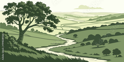 a serene landscape with a tree and a winding river Vector