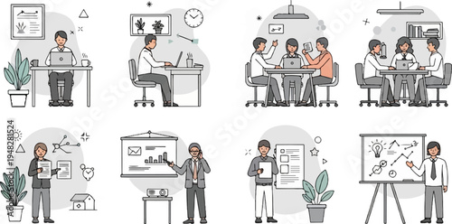 Collection of diverse business-related scenes, featuring teamwork and individual tasks