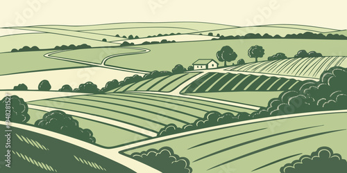 a green landscape with a vineyard and trees Vector