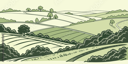 a green landscape with trees and rolling hills Vector