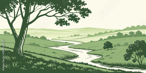 a serene landscape with a tree and a winding stream Vector
