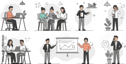 Colleagues collaborate in offices, present data, and communicate digitally