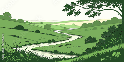a serene landscape with a winding stream Vector