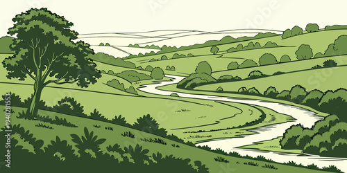 a serene landscape with a winding river and lush greenery Vector