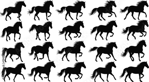 Horse silhouette running and galloping motion sequence, black stallion animal frames, equestrian movement animation, vector illustration on white background