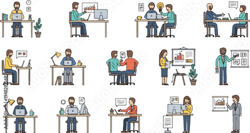 Diverse office workers collaborating, presenting, and working on laptops at desks