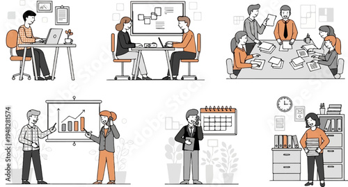 Colleagues collaborate, present data, and manage tasks in various office settings