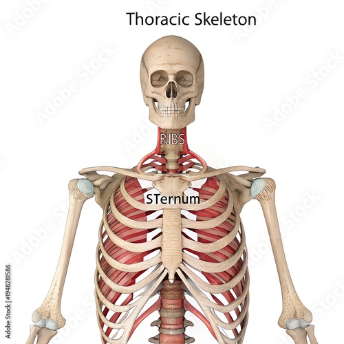 Thoracic Skeleton Anatomy Illustration with Sternum and Rib Cage Detailed Medical Diagram.