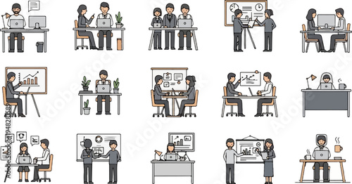 Diverse office workers engage in meetings, presentations, and individual tasks