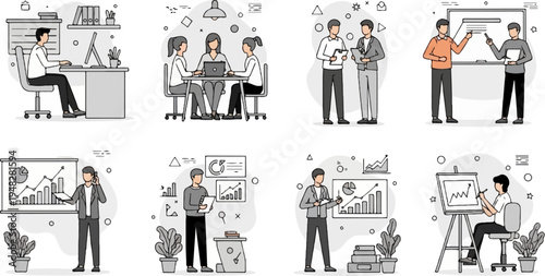 Business professionals in various office and presentation scenarios
