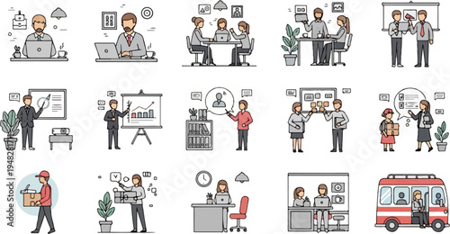 Business collaboration, meetings, presentations, and transportation icons