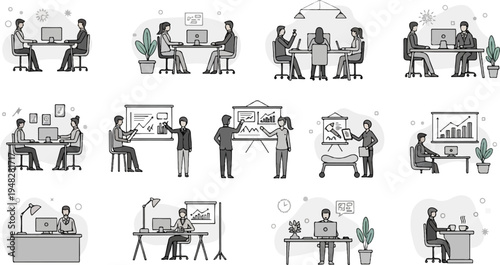Diverse work scenarios illustrating office life and collaboration