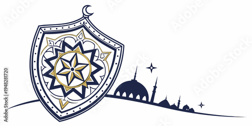 a shield with a star and a mosque silhouette Vector