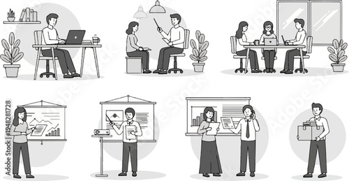 Office workers collaborate and present data in various workplace scenarios