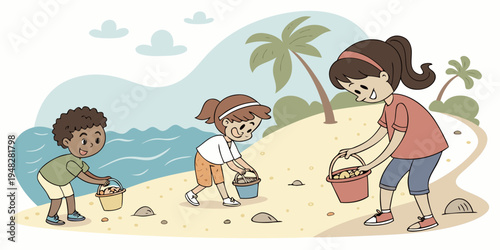 children playing on a beach with buckets Vector