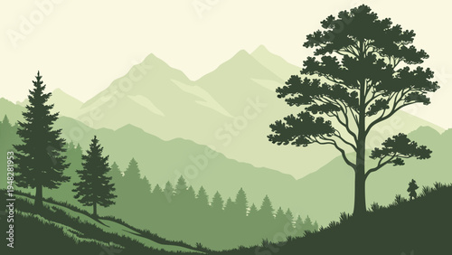 a serene landscape with trees and mountains Vector