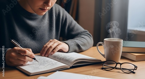 A person concentrating on writing in a notebook with a pen, surrounded by books and a steaming beverage.