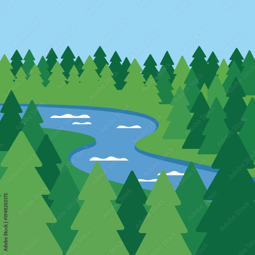 Fototapeta premium This image showcases a lush green forest abundant with trees and a gently winding river, emphasizing the harmony of nature and the beauty of natural landscapes.
