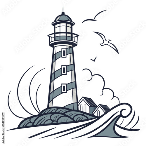 a lighthouse on a rocky coastline with waves crashing Vector