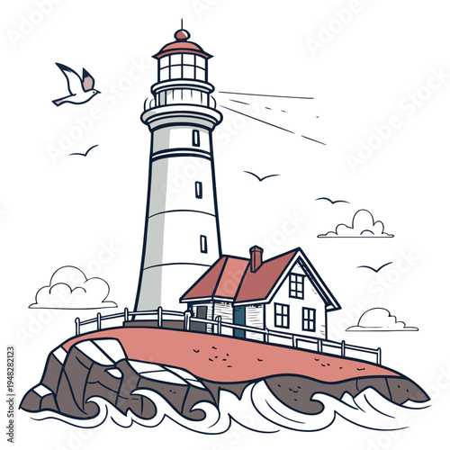 a white lighthouse with a red roof on a rocky coastline Vector