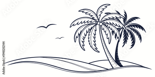 a palm tree on a small island with two birds flying overhead Vector