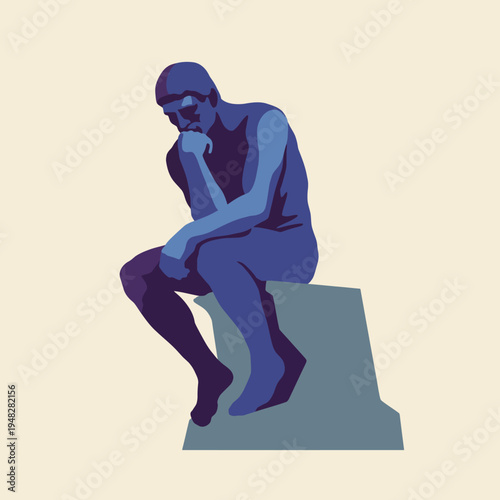 A modern interpretation of a famous thinker sculpture depicted in striking colors, representing introspection and creativity, embodying artistic expression and philosophical thought.