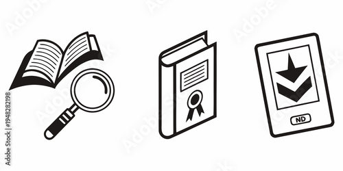 a magnifying glass over an open book next to a paperback book and an e-reader Vector