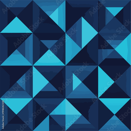 Abstract geometric pattern featuring triangles and squares in various shades of blue