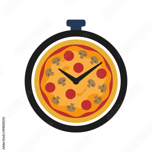 A creative representation of a pizza within a clock design, illustrating the importance of timing in cooking and the delight of enjoying fresh, hot pizza.