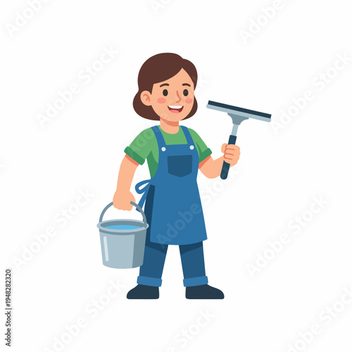 An illustration of a cheerful cleaner holding a squeegee and bucket, embodying the spirit of cleanliness, organization, and the joy of creating a tidy environment.