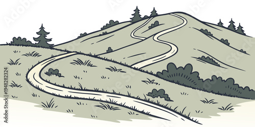 a winding road on a green hill with trees Vector